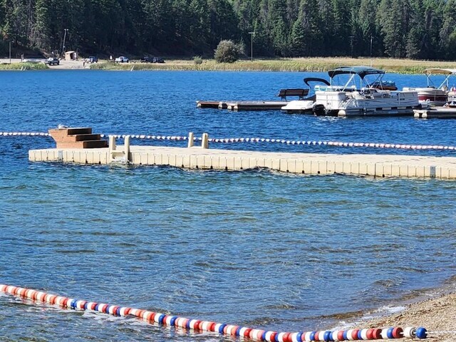 view of water feature with a boat dock and a wooded view