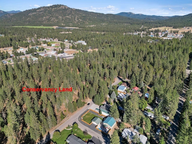 drone / aerial view featuring a view of trees and a mountain view