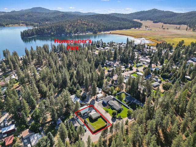 bird's eye view with a water and mountain view and a wooded view