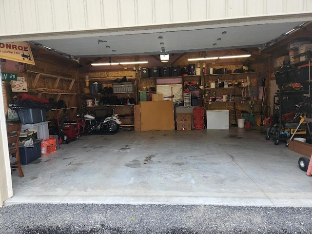 garage with a workshop area