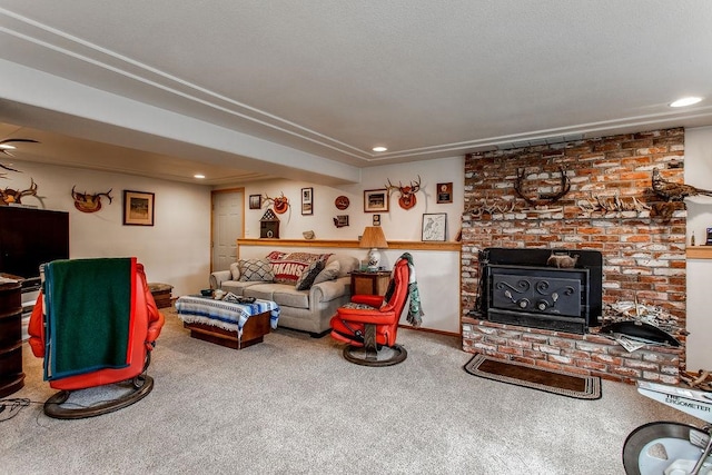 carpeted living room featuring a fireplace