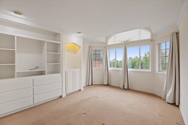 interior space featuring ornamental molding and light colored carpet