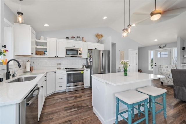 kitchen featuring dark wood finished floors, appliances with stainless steel finishes, open shelves, and a sink