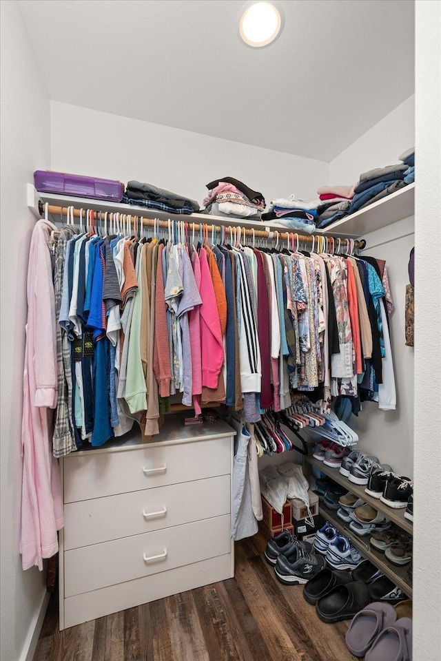 walk in closet with wood finished floors