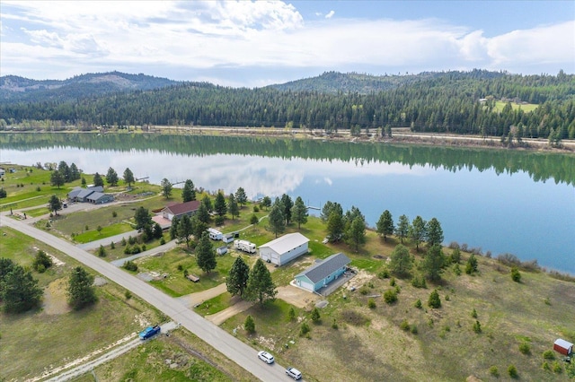 drone / aerial view featuring a water view and a wooded view