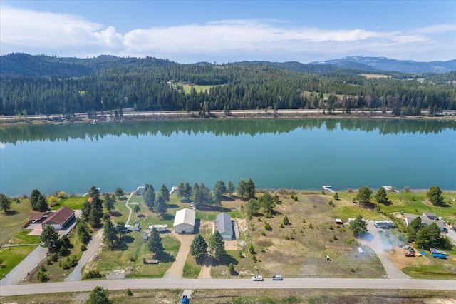 drone / aerial view featuring a wooded view and a water and mountain view