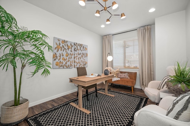 office featuring a chandelier and hardwood / wood-style floors