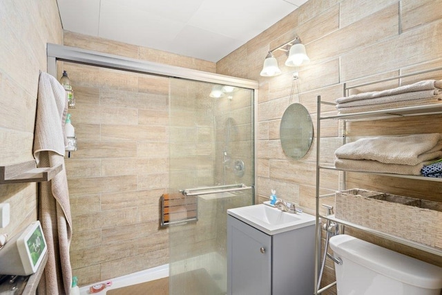 bathroom with toilet, a shower stall, and vanity