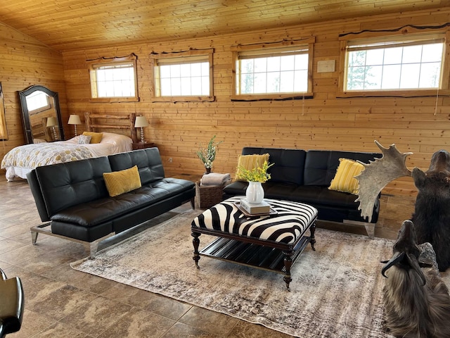 tiled living room featuring wood walls, wood ceiling, and lofted ceiling