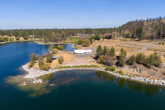 drone / aerial view featuring a wooded view and a water view