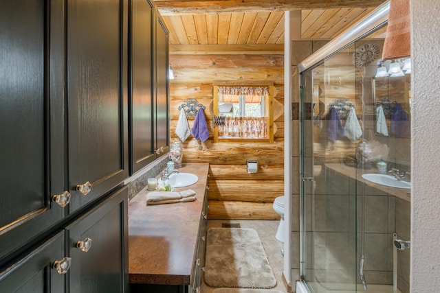 1114 Stohr Rd, Newport, WA 99156 - bathroom with wooden ceiling, rustic walls, toilet, and a stall shower