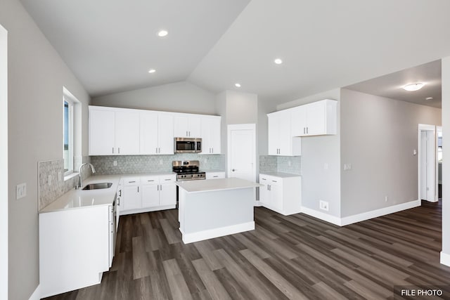 5871 S Sherri Lea Rd, Spokane, WA 99224 - kitchen featuring a sink, dark wood-style floors, a center island, appliances with stainless steel finishes, and vaulted ceiling