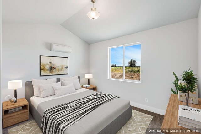 5871 S Sherri Lea Rd, Spokane, WA 99224 - carpeted bedroom with baseboards, lofted ceiling, and a wall unit AC