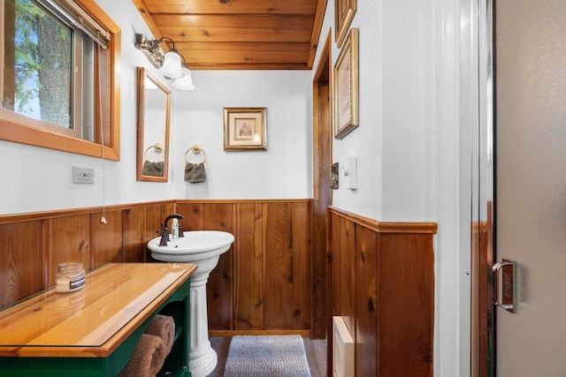 bathroom with wooden walls and wooden ceiling