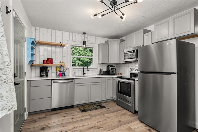 kitchen with sink, stainless steel appliances, a textured ceiling, and light wood-type flooring