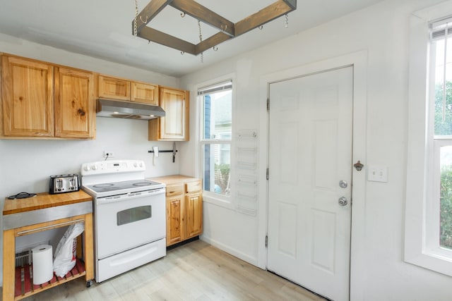 kitchen with electric range and light hardwood / wood-style floors