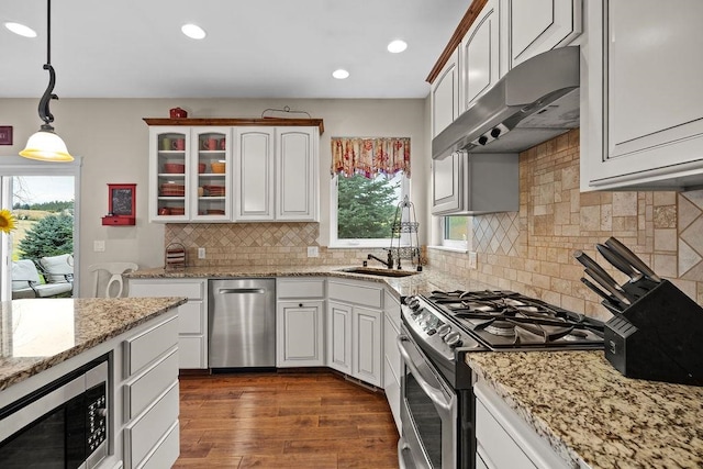 kitchen featuring appliances with stainless steel finishes, a wealth of natural light, dark wood-type flooring, and hanging light fixtures