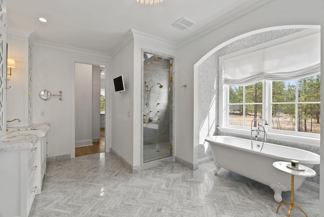 bathroom with crown molding, vanity, separate shower and tub, and parquet floors