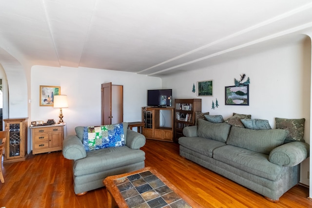 living room featuring dark wood-type flooring