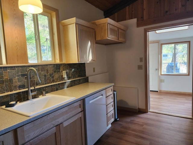 kitchen featuring a healthy amount of sunlight, decorative backsplash, dishwasher, and dark hardwood / wood-style flooring