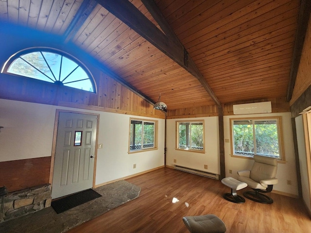 foyer featuring a baseboard heating unit, wood-type flooring, beam ceiling, high vaulted ceiling, and wooden ceiling