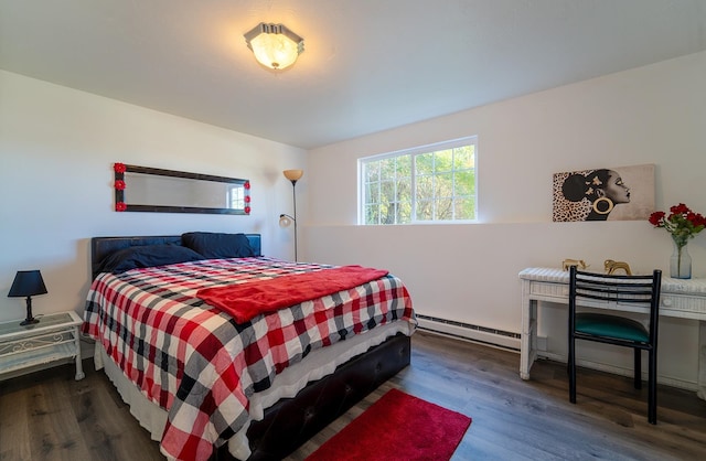 bedroom featuring a baseboard radiator and dark hardwood / wood-style flooring