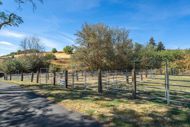 view of stable with a rural view