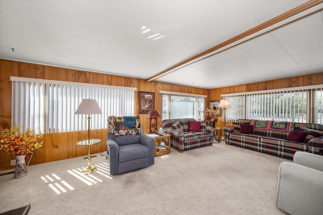 carpeted living room featuring beamed ceiling and wood walls