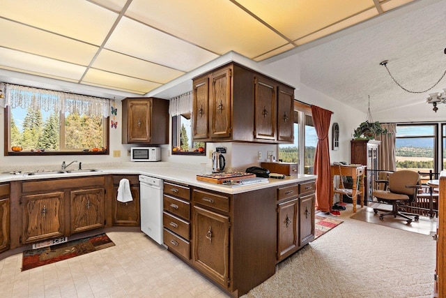 kitchen featuring a sink, light countertops, a wealth of natural light, and lofted ceiling