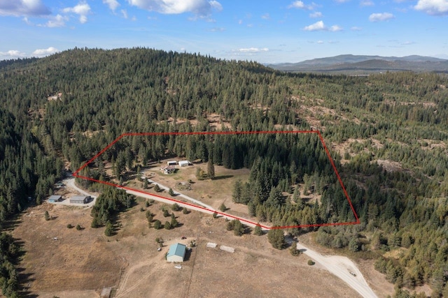 bird's eye view with a wooded view and a mountain view