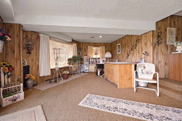 office featuring wood walls, a textured ceiling, and carpet floors