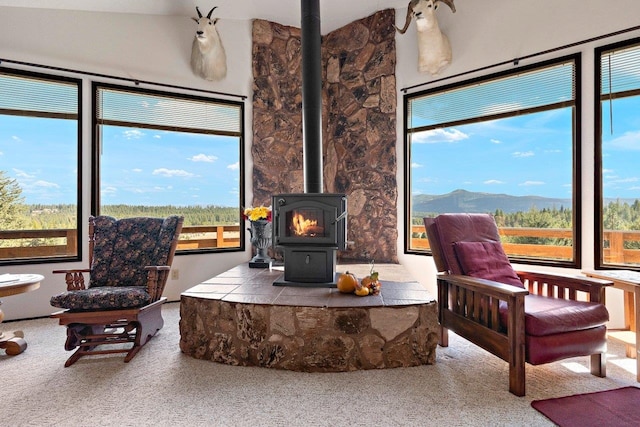 living room with a mountain view, a wood stove, and carpet flooring