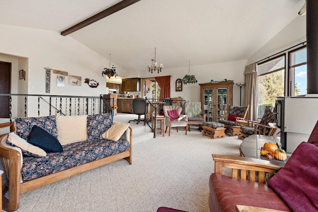 carpeted living room featuring vaulted ceiling with beams, plenty of natural light, and an inviting chandelier