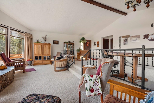 living room featuring carpet flooring, a textured ceiling, and lofted ceiling with beams