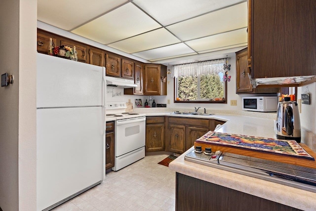 kitchen featuring white appliances, light floors, under cabinet range hood, a sink, and light countertops