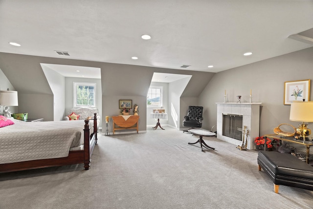 3206 W Long Prairie Rd, Valley, WA 99181 - bedroom with carpet, multiple windows, recessed lighting, a fireplace, and lofted ceiling