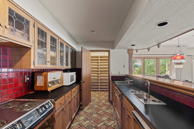 kitchen with backsplash, black / electric stove, dishwasher, and sink