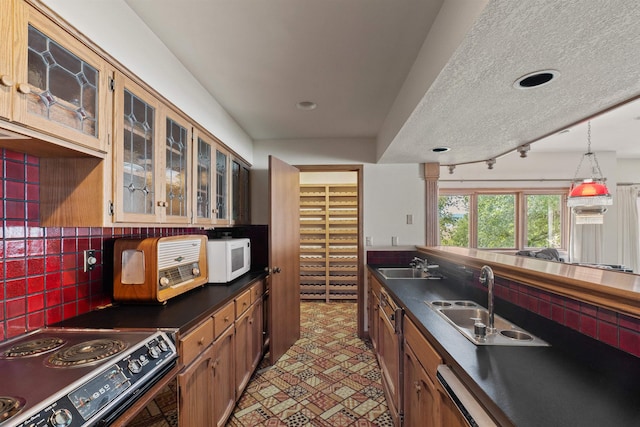 3206 W Long Prairie Rd, Valley, WA 99181 - kitchen with black electric range, a sink, dark countertops, white microwave, and a textured ceiling