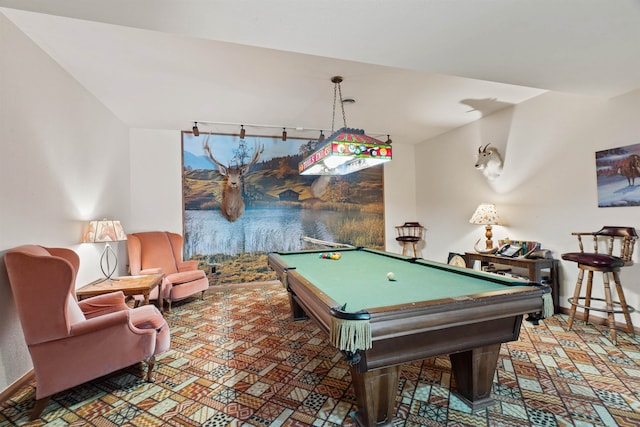 game room with lofted ceiling and billiards