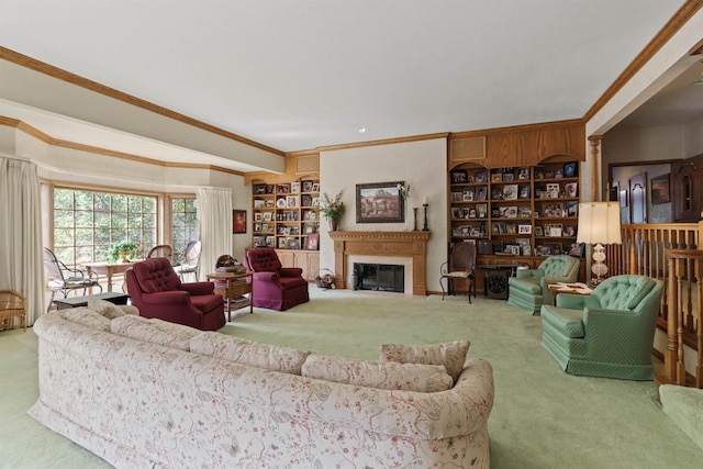 carpeted living room featuring ornamental molding