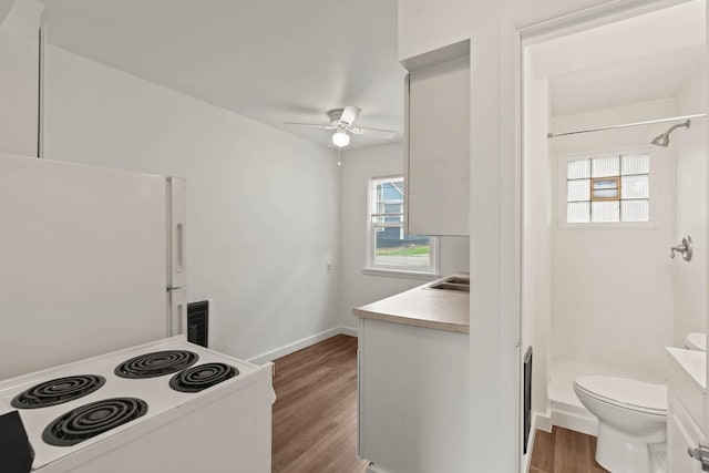 kitchen featuring a wealth of natural light, dark wood-type flooring, ceiling fan, and white electric stove