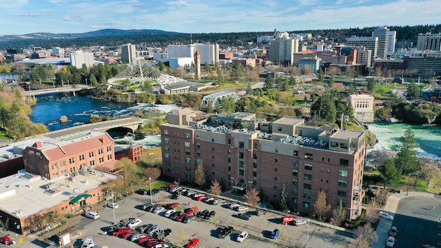 birds eye view of property featuring a water and mountain view