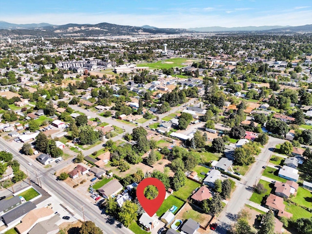 drone / aerial view featuring a mountain view