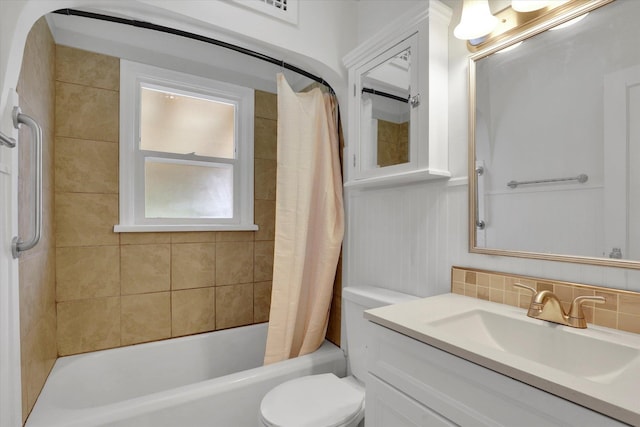 full bathroom featuring vanity, toilet, shower / bathtub combination with curtain, and tasteful backsplash