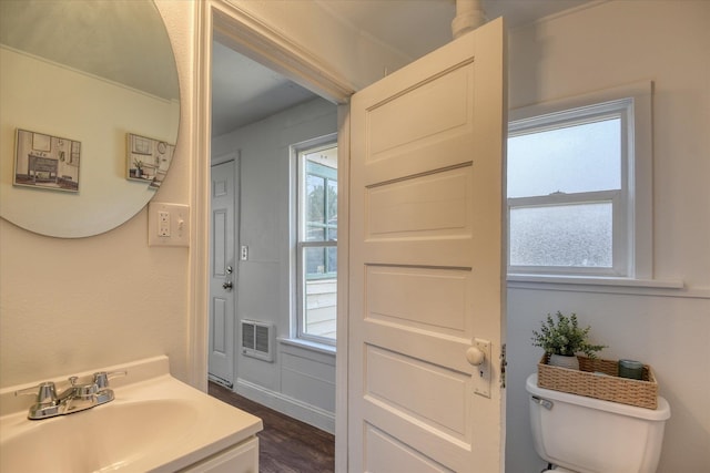 bathroom featuring vanity, hardwood / wood-style floors, and toilet