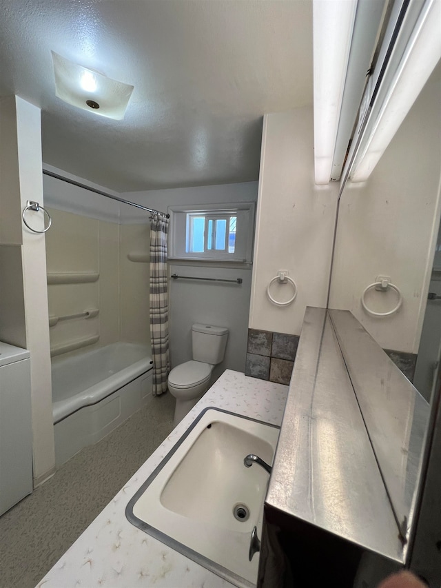 full bathroom featuring shower / bath combination with curtain, vanity, and toilet