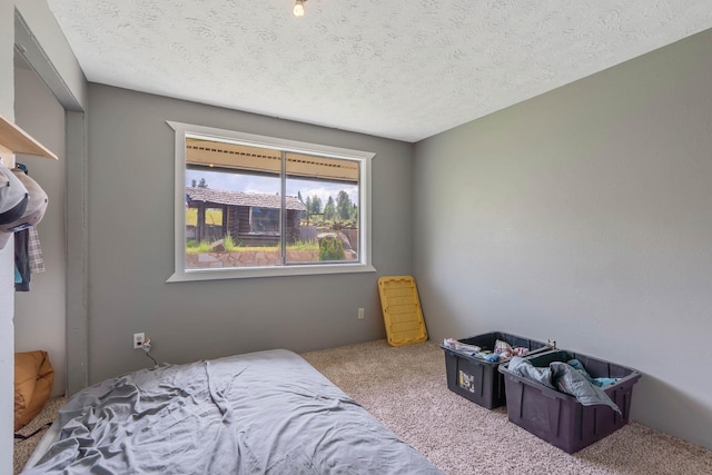 carpeted bedroom with a textured ceiling