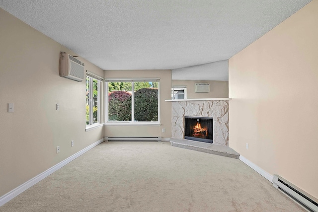 unfurnished living room featuring a textured ceiling, carpet, a fireplace, and baseboard heating