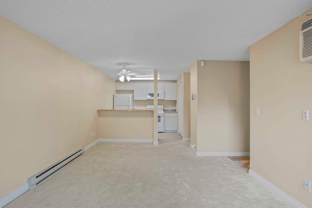 unfurnished living room with ceiling fan, light colored carpet, a textured ceiling, and baseboard heating