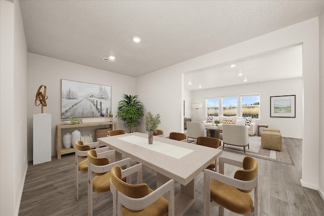 dining room with a textured ceiling and hardwood / wood-style floors